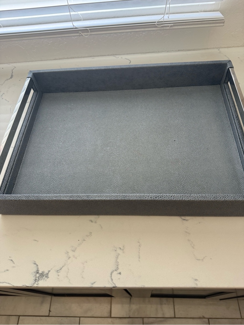 Crate&Barrel Gray Faux Leather Vanity Tray with Metal Handles